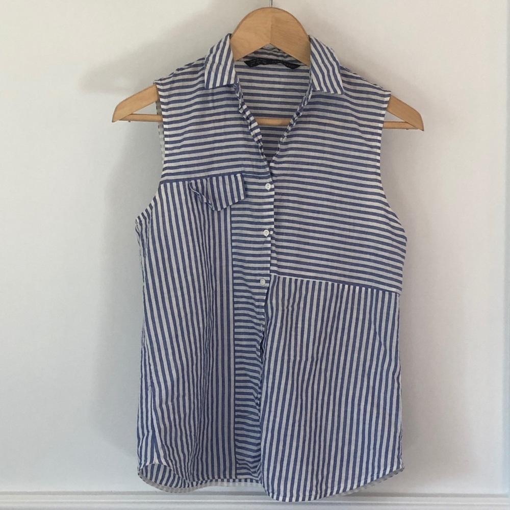 Blue Striped Sleeveless Button Down Zara Size S
